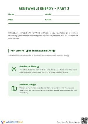 Renewable Energy – Part 2: Geothermal and Biomass Educational Worksheet
