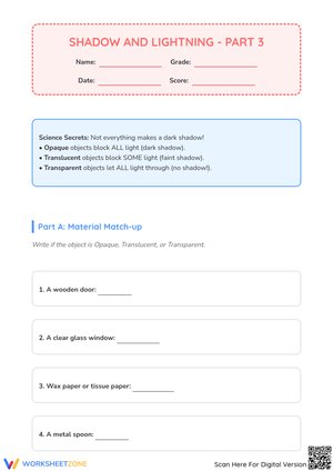 Shadow and Light Properties Educational Worksheet - Part 3