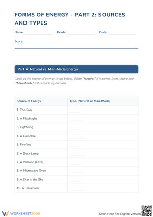 Forms of Energy - Part 2: Sources and Types Worksheet