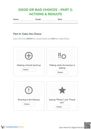 Good or Bad Choices - Part 2: Actions & Results Worksheet