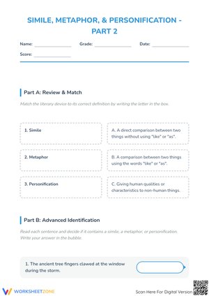 Simile, Metaphor, and Personification Practice Worksheet - Part 2