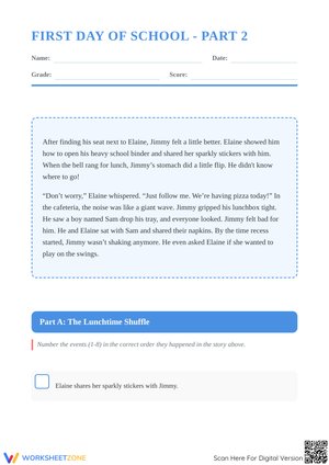 First Day of School - Part 2: Reading Comprehension and Emotions Worksheet
