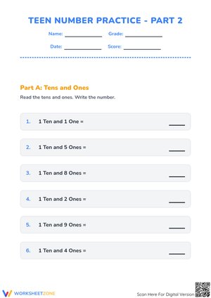 Teen Number Practice - Part 2: Tens, Ones, and Number Words Worksheet