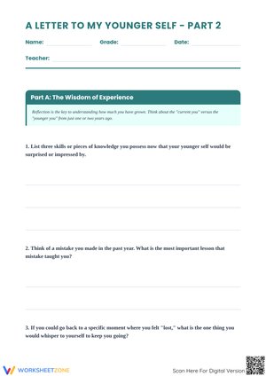 A Letter to My Younger Self – Part 2: Reflective Writing and Personal Growth Worksheet