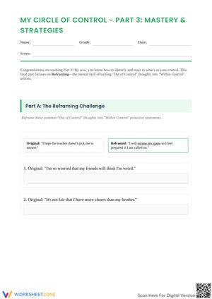 My Circle of Control – Part 3: Mastery & Strategies Worksheet