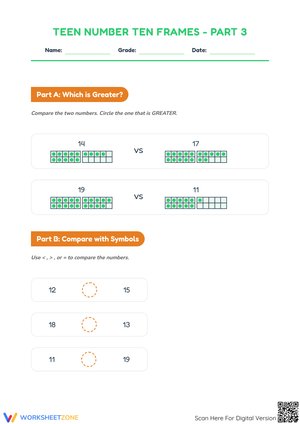 Teen Number Ten Frames - Part 3: Comparing and Ordering Numbers