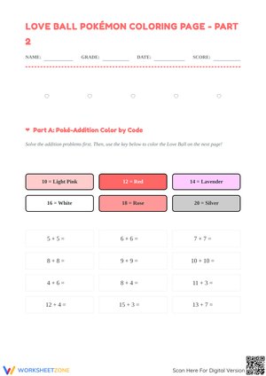 Love Ball Pokémon Math & Coloring Activity Worksheet - Part 2