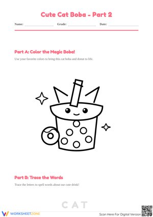 Cute Cat Boba – Part 2: Coloring and Word Tracing Worksheet