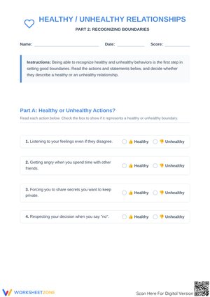 Healthy / Unhealthy Relationships Part 2: Recognizing Boundaries Worksheet