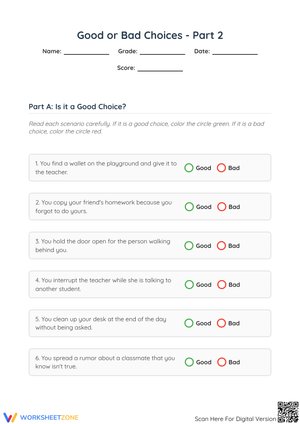 Good or Bad Choices - Part 2: Behavioral Awareness Worksheet