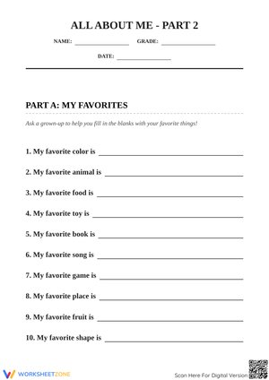 All About Me - Part 2: My Favorites, Tracing, and Drawing Worksheet