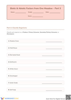 Biotic & Abiotic Factors from One Meadow - Part 3 Worksheet