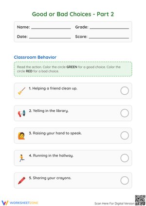 Good or Bad Choices - Part 2: Classroom Behavior Worksheet