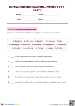 Empowering International Women's Day Vocabulary and Facts Worksheet - Part 2