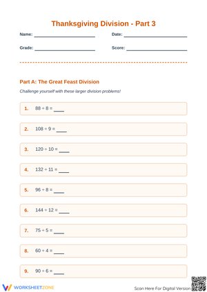 Thanksgiving Division - Part 3: Festive Math Practice & Word Problems