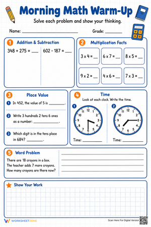 Printable Grade 3 Morning Math Warm-Up Worksheet