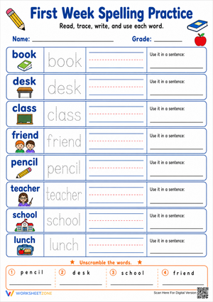 Printable First Week Spelling Worksheet | Grade 1 ELA