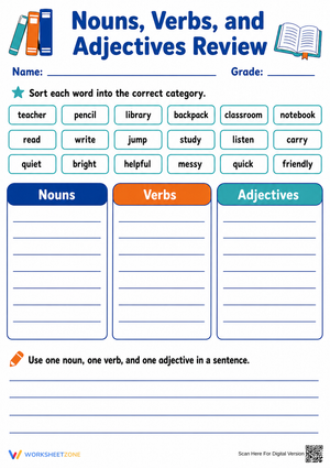 Grade 3 Nouns, Verbs, and Adjectives — Printable Worksheet