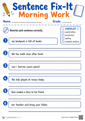 Sentence Editing Morning Work | Grade 3 Printable
