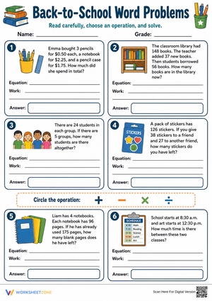 Back-to-School Word Problems | Grade 4 Printable Math