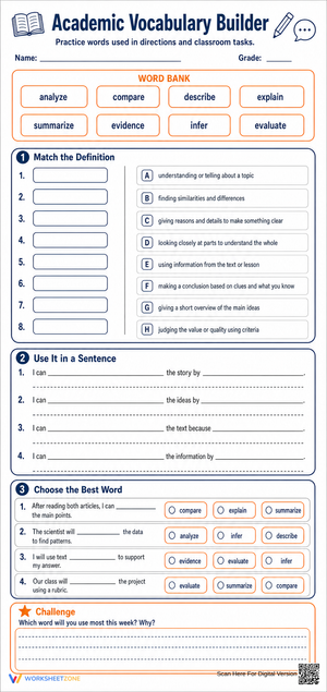 Grade 5 Academic Vocabulary — Printable No-Prep Worksheet