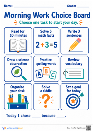 Printable Morning Work Choice Board | Grade 3
