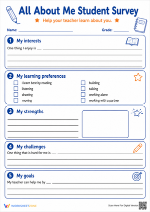 Grades 3-7 All About Me — Printable No-Prep Worksheet
