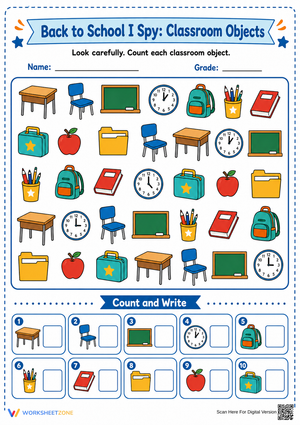 Printable Back to School I Spy: Classroom Objects Grade K-2