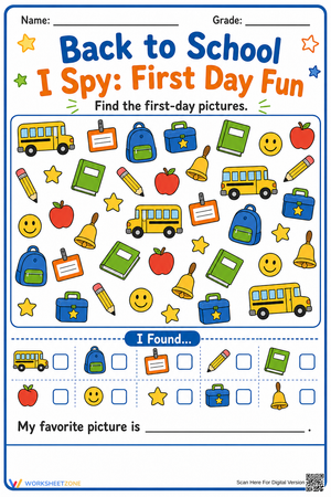 Printable Back to School I Spy Worksheet | Grade K