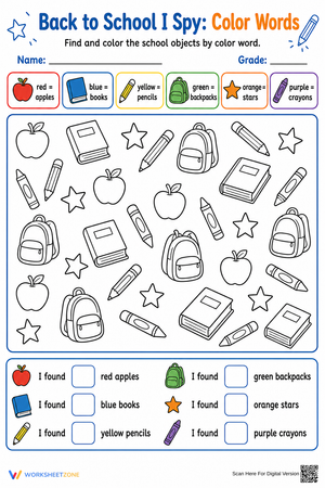 Color Words I Spy Worksheet | Grade K Printable