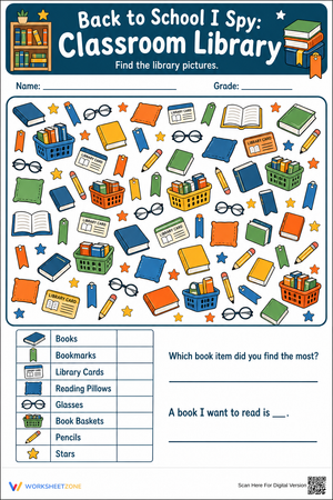 Printable Classroom Library I Spy Worksheet | Grade 1