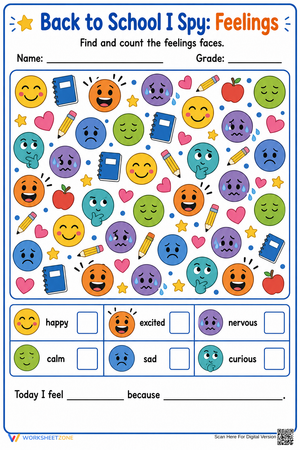 Printable I Spy Feelings Worksheet | Grade 1 Math & SEL
