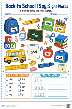 Grade K Sight Words — Printable No-Prep Worksheet