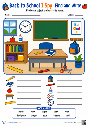 Essential Back to School I Spy Worksheet | Grade 1-3