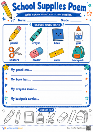 School Supplies Poem Worksheet | Grade 1 Printable
