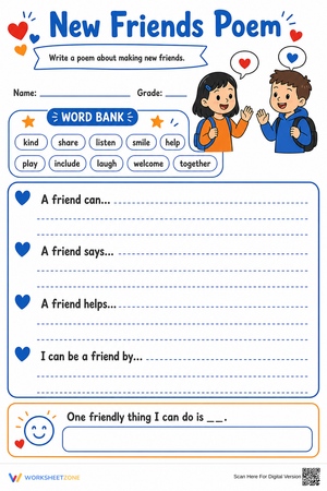 New Friends Poem Worksheet | Grade 2 Essential Writing