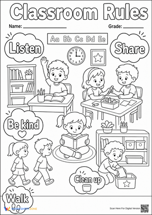 Printable Classroom Rules Coloring Page | Grade K