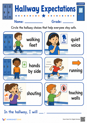 Hallway Expectations Worksheet | Grade 1 Printable