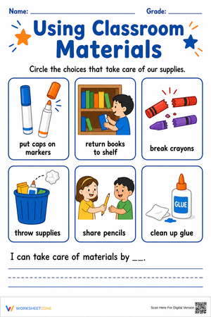 Printable Classroom Materials Worksheet | Grade 1 SEL