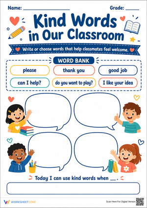 Printable Kind Words Worksheet | Grade 1 SEL