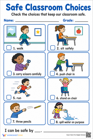 Safe Classroom Choices Worksheet | Grade 1 Printable