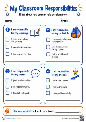 Grade 3 Classroom Responsibilities — Printable Worksheet