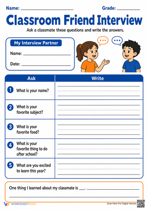 Classroom Friend Interview | Grade 3 Essential Worksheet