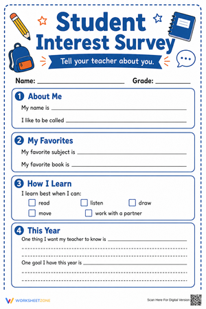 Grade 3 Student Interest Survey — Printable Worksheet