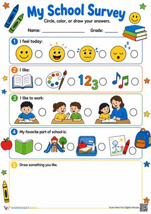 My School Survey | Grade K-1 Printable Worksheet
