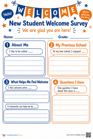 Grade 2-6 New Student Welcome Survey — Printable Worksheet