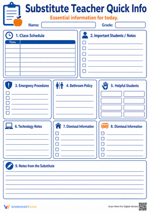 Printable Substitute Teacher Quick Info Guide | K-8
