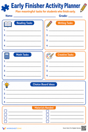 Printable Early Finisher Activity Planner | K-8