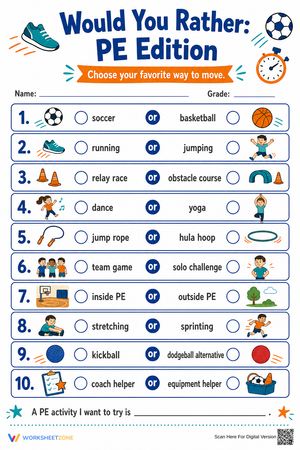 Printable PE Would You Rather Worksheet | Grade 3