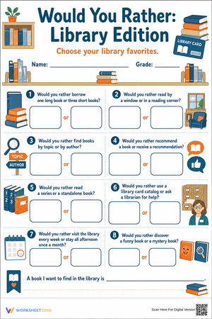 Library Would You Rather Worksheet | Grade 3-5 Essential